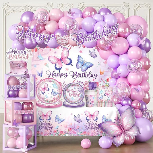 256pcs Butterfly Birthday Decorations, All-in-1 Butterfly Theme Birthday Decorations Pack with 20pcs Plates, Napkins, 2pcs Tablecloth, Balloon Arch for Girls Party Decorations