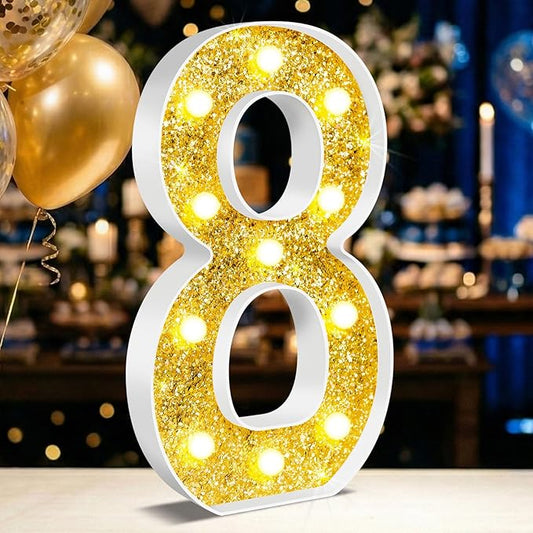12.6 Inch LED Gold Marquee Light Up Numbers, 8th Birthday Decorations Number Lights as Gifts for Girls Boys, Glitter Lighted Marquee Numbers for Golden Anniversary Party Table Decor, 8