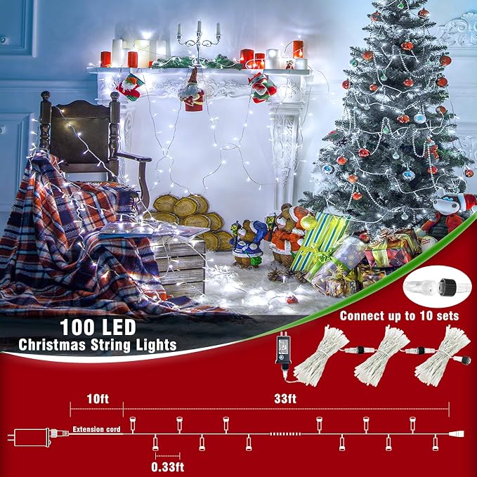 33ft 100 LED Christmas Lights Outdoor - 8 Modes Christmas String Lights Clear Wire Waterproof Plug in Twinkle Fairy String Lights for Indoor Outdoor Home Party Garden Decoration, Cool White