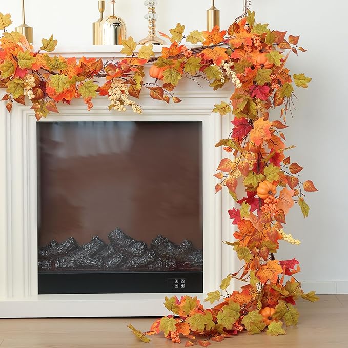 MIZII Fall Decor Artificial Maple Leaf Pumpkin Garland 6FT Fake Autumn Vines Garland Thanksgiving Halloween Harvest Decorations for Porch Mantle Table Centerpieces Fireplace Farmhouse (Yellow PK)