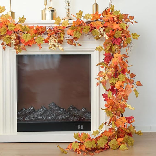 MIZII Fall Decor Artificial Maple Leaf Pumpkin Garland 6FT Fake Autumn Vines Garland Thanksgiving Halloween Harvest Decorations for Porch Mantle Table Centerpieces Fireplace Farmhouse (Yellow PK)