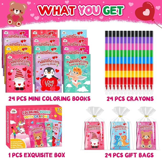 ZMLM 24 Pack Valentine's Coloring Books for Kids with Crayons,Party Favors for Kids 4-8, Goodie Bags Stuffers for Toddlers, Classroom Prizes Birthday Return Gifts (Valentine)