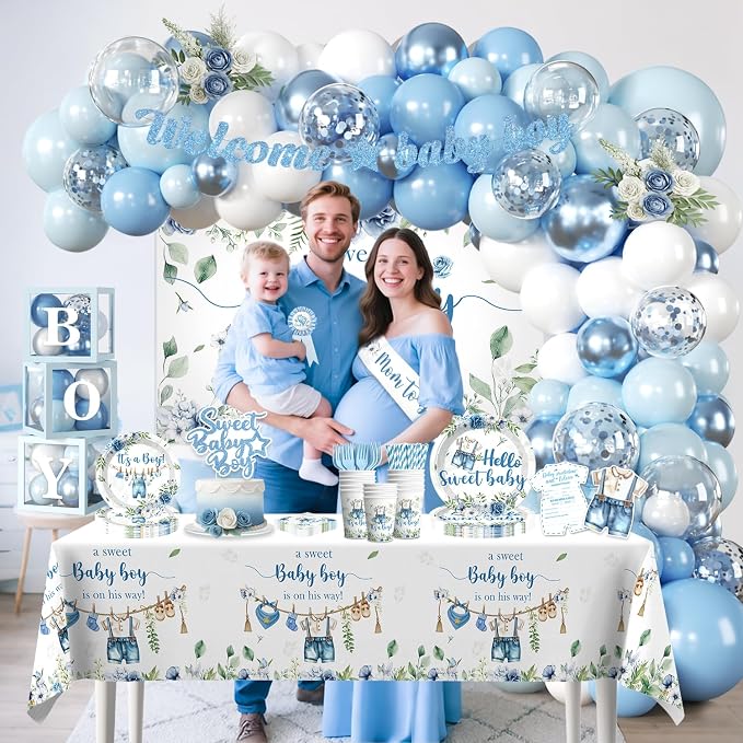 cocomigo 260PCS Baby Boy Baby Shower Decorations All-in-One Set with Baby Boy Balloon Arch, Tableware, Advice Cards, Cake Topper, Balloon Box, Backdrop, Sash, Corsage, Etc. Serves 20