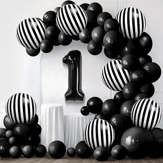Black 1 Balloon Number - 40 Inch, Black Balloon Arch Kit - Pack of 120 and Black and White Stripe Balloons - 18 Inch, Pack of 10 | Number 1 Balloons, Halloween Decorations | Black and White Balloons