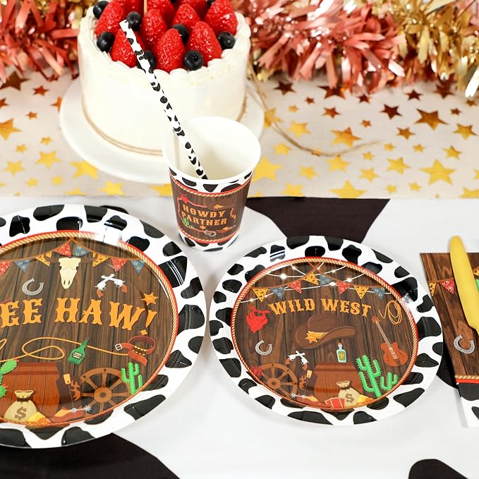 Recheel Western Birthday Party Supplies Decorations, Cowboy Wild West Theme Birthday Paper Plates and Napkins Set with Cups and Straws for 24 Guests, 120 Pcs Disposable Party Dessert Dinnerwares
