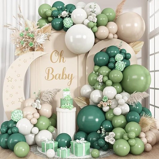 Double Stuffed Sage Green Balloons Arch, Olive Dusty Green Brown Beige Neutral Balloon Garland Kit, White Sand Apricot Tan Latex Balloon for Baby Shower Birthday Jungle Safari Party Decoration