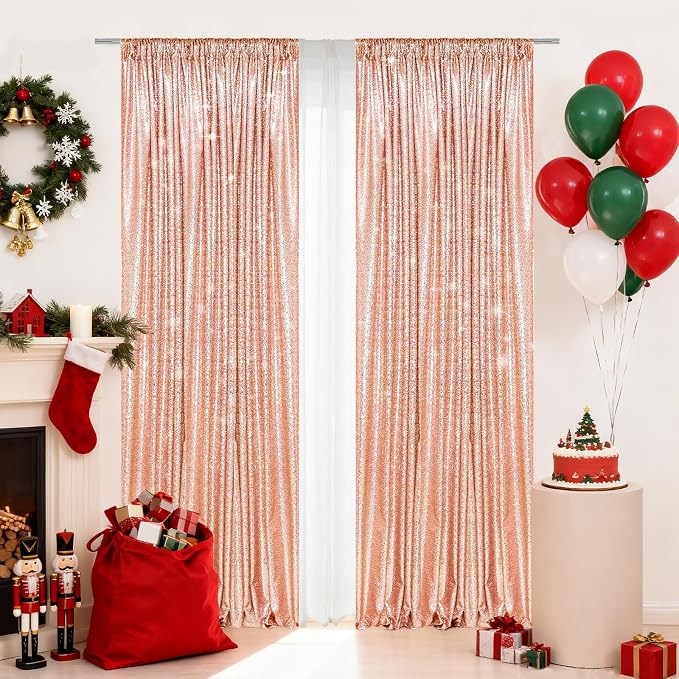 PartyDelight Rose Gold Sequin Backdrop Curtains 2x8ft 2 Panels | 3mm stitched sequin curtain with 4 inch rod pocket for 2x8ft 2 panel doorway window side drape narrow photo booth strip