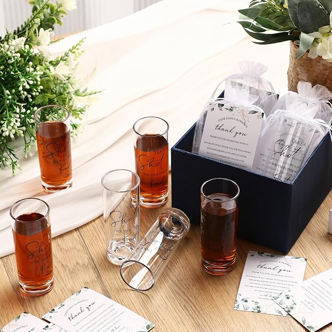 Sliner 150 Set Wedding Favors for Guests Bulk 2oz Acrylic Take a Shot We Tied the Knot Shot Glasses with Thank You Cards Organza Bags for Guest Souvenir Wedding Bridal Shower Gifts (Clear,Black)