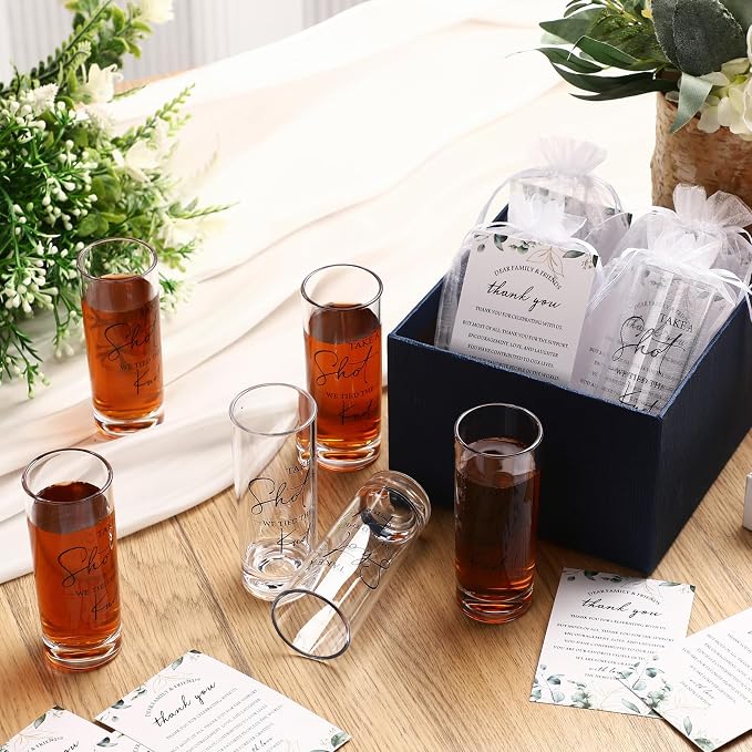 Sliner 100 Set Wedding Favors for Guests Bulk 2oz Acrylic Take a Shot We Tied the Knot Shot Glasses with Thank You Cards Organza Bags for Guest Souvenirs Wedding Gifts Newlyweds Bridal Shower Party