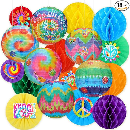 Retisee 18 Pcs 70s Hippie Party Decorations Hanging Paper Lanterns Tie Dye Groovy Honeycomb Tissue Groovy Retro Flower Peace Sign Paper Fans for 60s 70s Birthday Party Decoration (Hippietie, Tie Dye)
