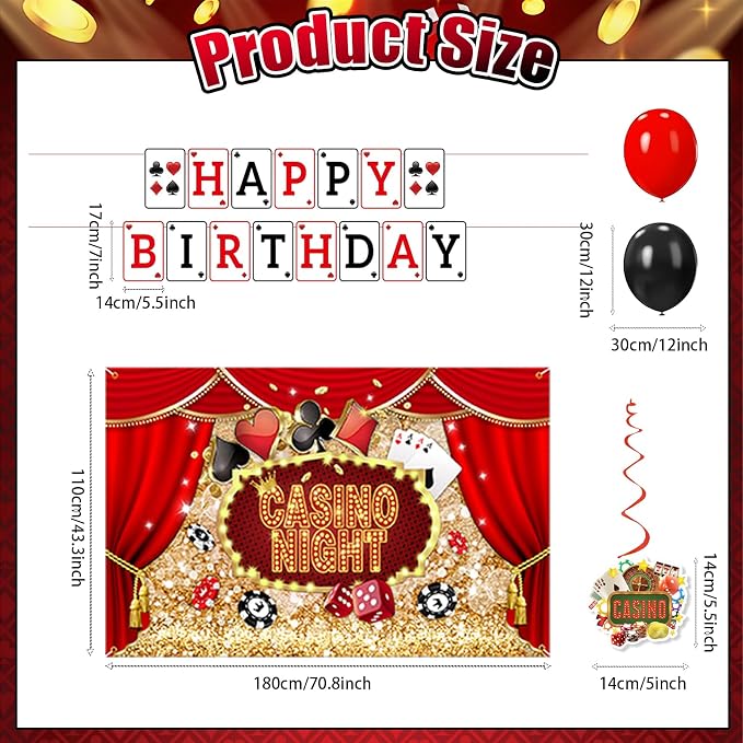 Casino Birthday Decorations - Casino Theme Birthday Backdrop, Banner, Hanging Swir, Latex & Foil Balloons, Cake & Cupcake Toppers for Poker Party Decorations