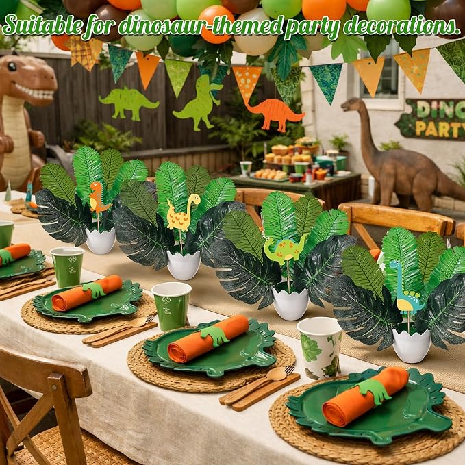 Suncalla 6 Set Dinosaur Party Table Centerpiece Decoration Dinosaur Themed Stick Set Include Vase Stick Artificial Leaves Jungle Animal Theme Table Topper for Baby Shower Birthday(Eggshell,Plastic)