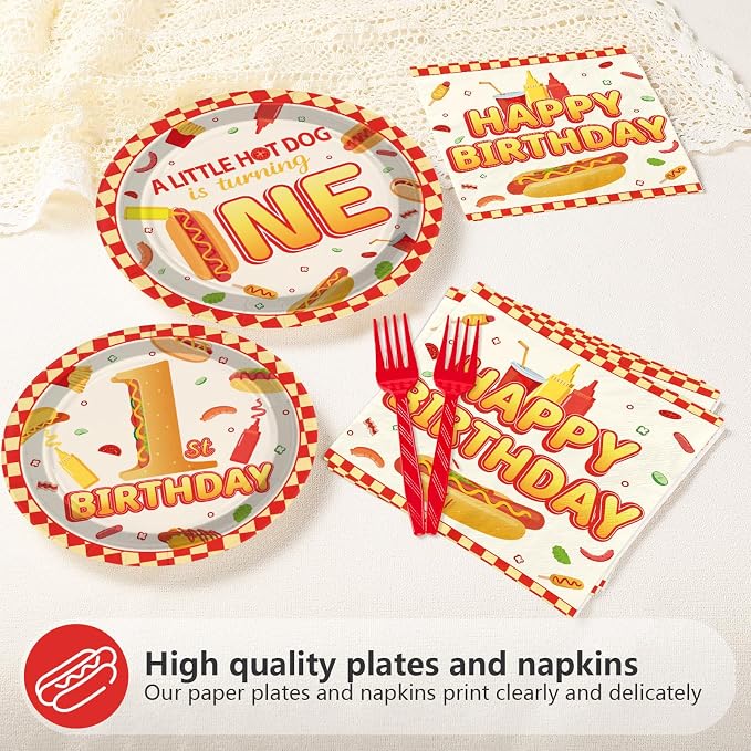 96Pcs Hot Dog 1st Birthday Party Supplies A Little Hotdog Is Turning One Plates and Napkins Fast Food Sausage Disposable Tableware Set for Kids One Year Old Birthday Baby Shower Decorations Serves 24