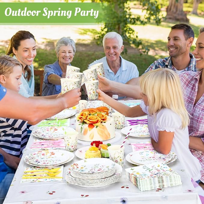 Funnymoom 452 Pcs Wildflower Party Supplies Include Spring Floral Disposable Paper Plates Napkins Cups Tablecloth and Cutlery Straws for Wedding Garden Tea Party Decoration Bridal Shower Baby Shower