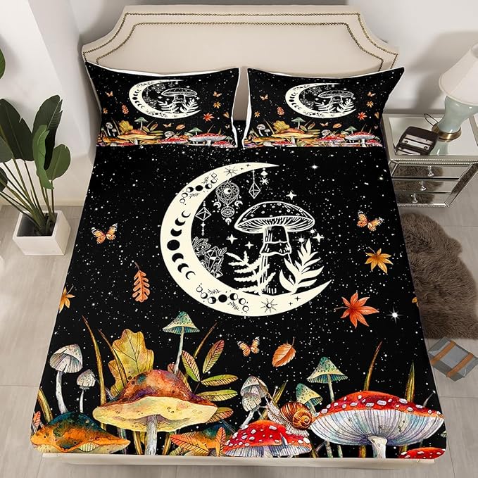 Watercolor Mushroom Bed Sheet Cartoon Moon Cute Dreamcatcher Exotic Sheet Set for Kids Teens Adults Wild Butterfly Leaves Starry Galaxy Bedding Set with Flat,Fitted Sheet,2 Pillowcases Queen Size