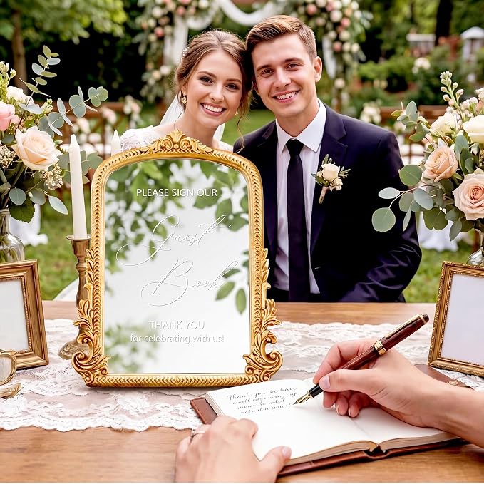 Bucherry Vintage Love Wedding Sign Please Sign Our Guest Book Mirror Plaque Elegant Resin Frame with Mirror 12" x 7.5" Baroque Reception Decor Gold Table Centerpiece