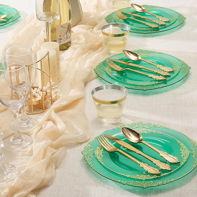 Goodluck 250 PCS Vintage Translucent Green & Gold Rim Plastic Plates with Cutlery Set - Serves 50 - Heavy Duty Elegant Disposable Dinnerware for St Patricks Day, Safari, Christmas