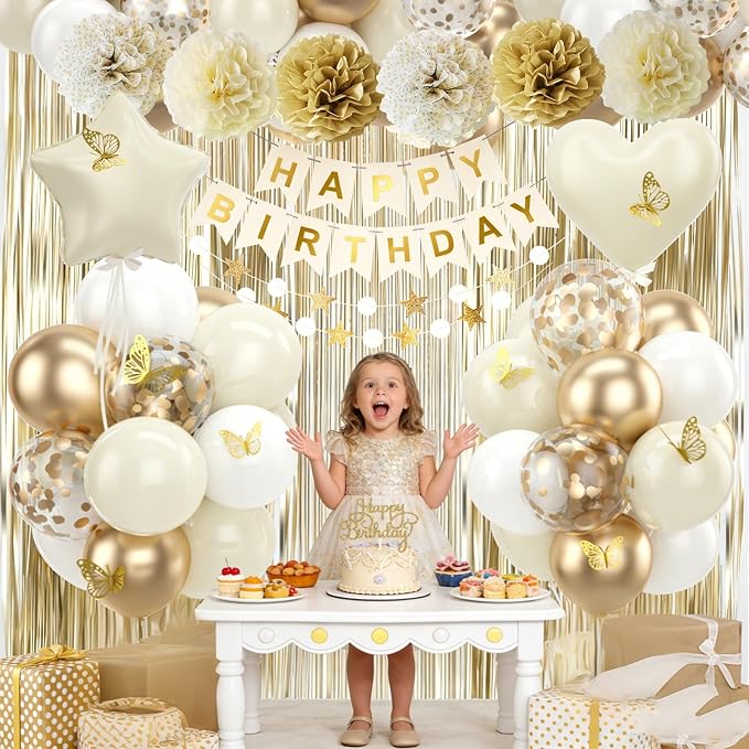 White Gold Birthday Decorations Beige Gold Balloons Happy Birthday Banner Cake Topper Fringe Curtain Paper Pom Poms Butterfly Sticker White Sand Star Heart Foil Neutral Boho Party Men Women