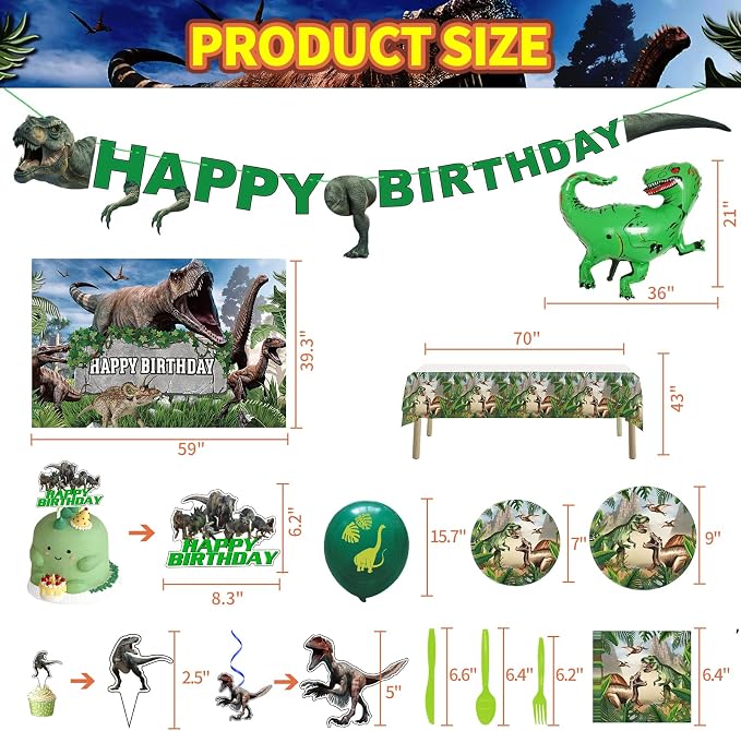 Dinosaur Themed Birthday Party Decoration Kit - Includes Backdrop, Tablecloth, Birthday Banner, Cake/Cupcake Toppers, Hanging Swirls, Disposable Tableware Set, Latex and Foil Balloon