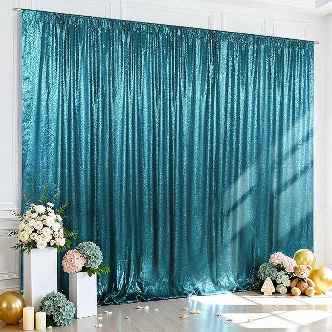 SquarePie 10x10ft Teal Sequin Backdrop for Photography, Satin-Backed Real Sequin Curtain, Enhanced Coverage Shimmering Background with 4" Rod Pocket for Wedding, Birthday, Party Decor, 1 Panel