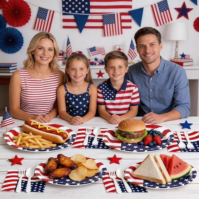 100 Pcs 4th of July Patriotic Paper Plates and Napkins Set Heavy Duty,12"x10" Large Red White Blue Oval Disposable Tableware Set for Veterans Election Day Independence Day American Flag Party Decor