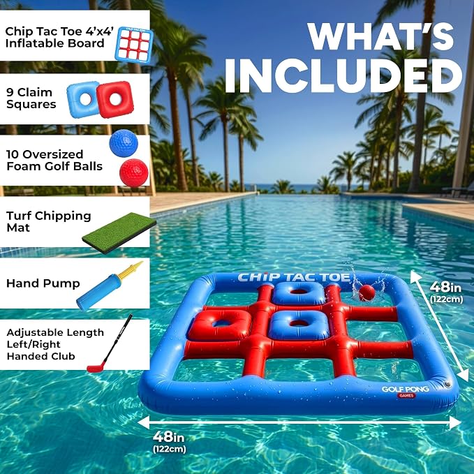 Golf Pong Chip Tac Toe Floating Pool Game - 4FT Inflatable Tic Tac Toe Pool Toy for Adults & Teens, Outdoor Games, Pool Party Games, Backyard Games & Yard Games (Club Included)