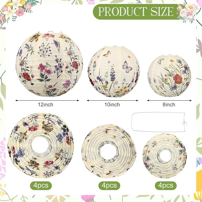 Baquler 12 Pcs Spring Wildflower Paper Lanterns Party Decorations Vintage Floral Hanging Lanterns 3 Styles for Baby in Bloom Baby Shower Wedding Garden Tea Summer Home Indoor Outdoor Party Decor