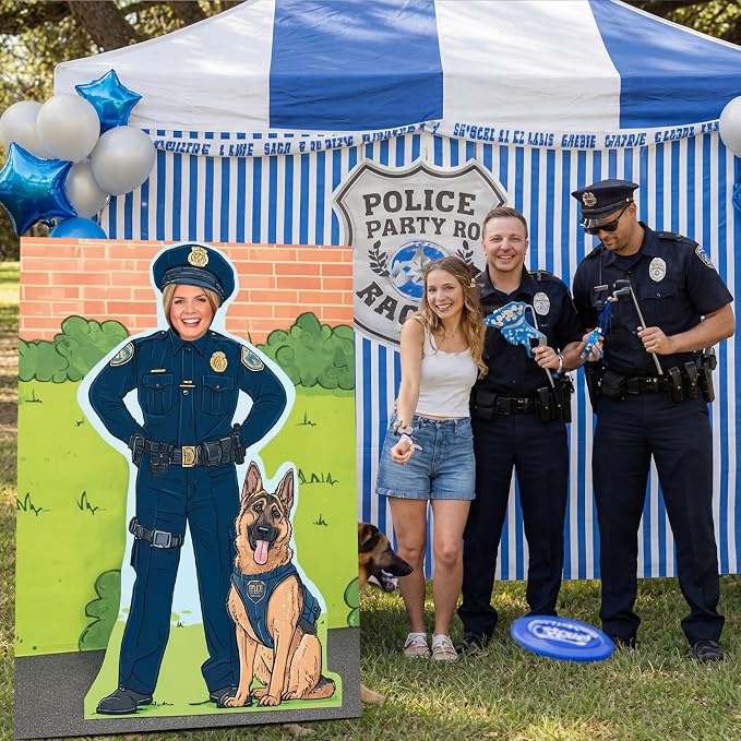 Amyhill Police Theme Party Decoration 4.9 ft Policemen with Dog Cardboard Photo Prop Officer Cutout Stand-up Life Size Backdrop for Police Theme Birthday Party Supplies Celebrations Memorial Event