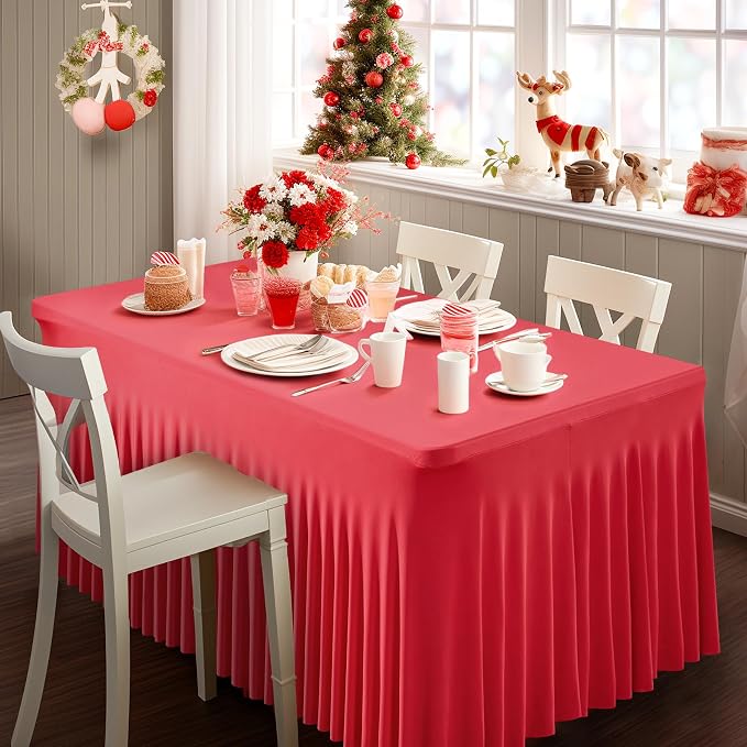 4 Packs Red Table Clothes for 6 Foot Rectangle Tables, Wrinkle Resistant Stretch Spandex Table Covers Fitted Tablecloth with Skirt for Valentines Event Banquet Wedding Birthday Party