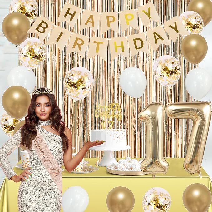 Trgowaul 17th Birthday Decorations for Girls, Happy Birthday Banner, Sash and Crown, 17 Number Balloon, Fringe Curtains, Champagne Gold 17-Year-Old Old Party Supplies