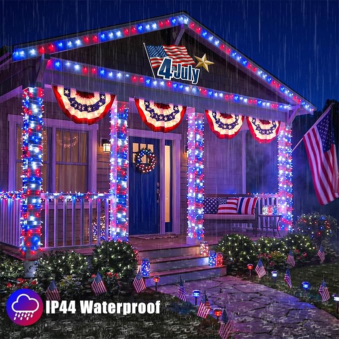 200 LED Red White and Blue Lights, Connectable 66Ft 4th of July Decorations String Lights Clear Wire, Waterproof Patriotic Light Plug in for Independence Day, Memorial Day Indoor Outdoor Decor
