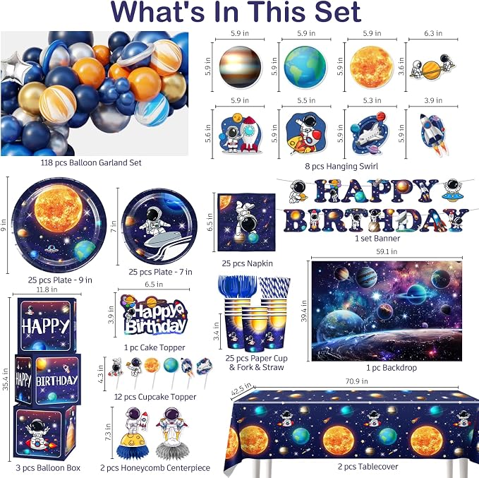 296PCS Space Birthday Decorations, All-in-1 Party Pack, 25 Serves Disposable Tableware Set, Includes Balloon Boxes, Backdrop Tablecloth for Outer Astronaut Birthday Decorations