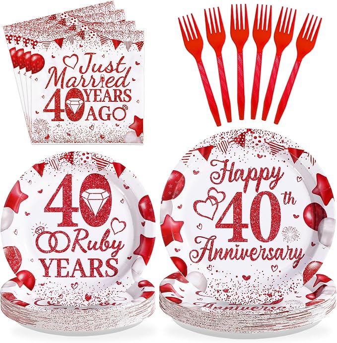 96Pcs 40th Wedding Anniversary Party Supplies Red Happy 40th Anniversary Plates and Napkins Ruby 40 Years Tableware Set for Men Women 40 Years Wedding Anniversaries Party Decorations Serves 24