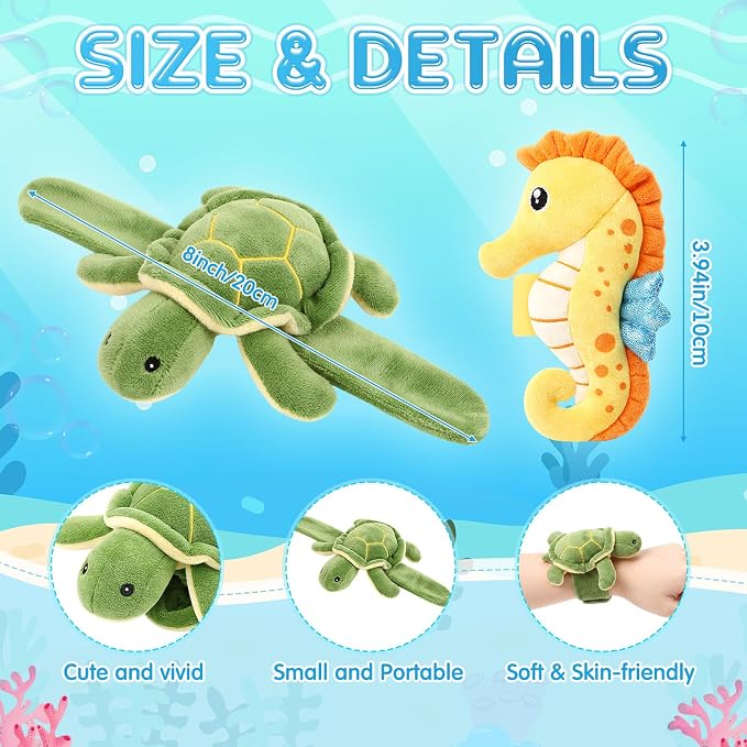 Gemscream 6 Pcs Stuffed Animal Slap Bracelets for Kids, 8 Inch Back to School Small Classroom Prizes Toy, Wrist Snap Bracelets Birthday Gifts for Boys Girls Pet Adoption Party Favors(Ocean Theme)