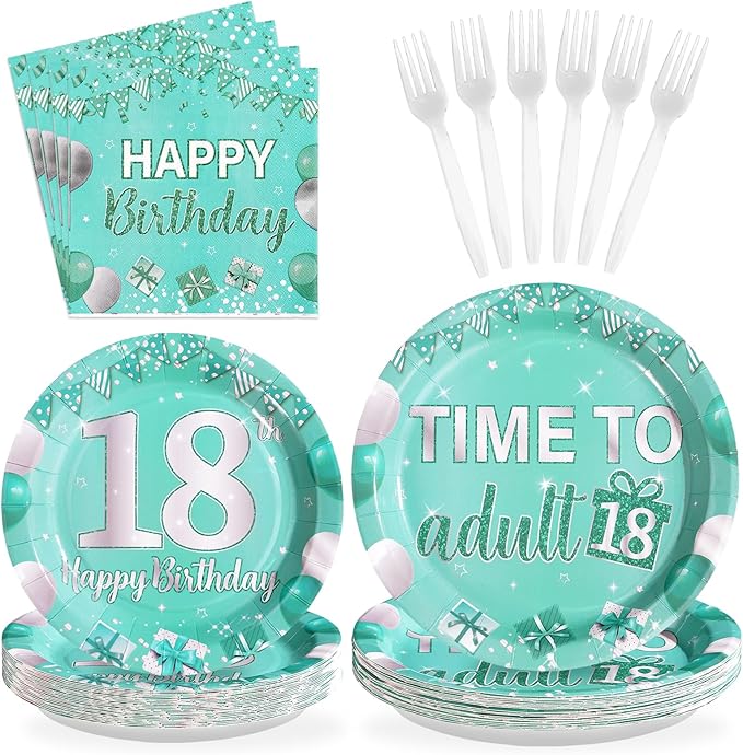 96Pcs Teal and Silver 18th Birthday Party Supplies, Serves 24 | Teal Plates and Napkins Tableware Sets Eighteen Party Decorations for Teens Boys and Girls 18 Years Old Birthday Supplies