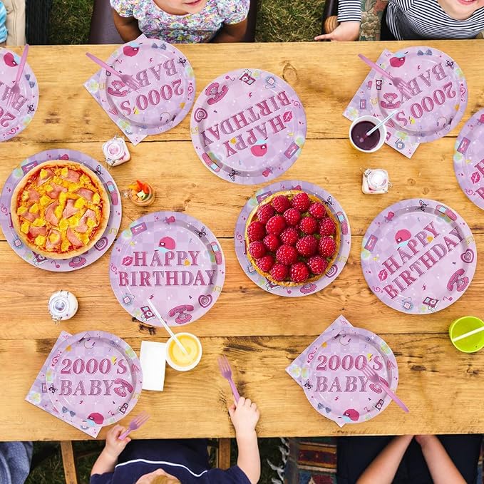 96Pcs 2000s Birthday Party Decorations Y2k Hot Pink Bday Plates and Napkins Disposable Early 2000s Theme Tableware Set for 00s Girls Teen Y2k Birthday Hot Pink Bachelorette Party Supplies Serves 24