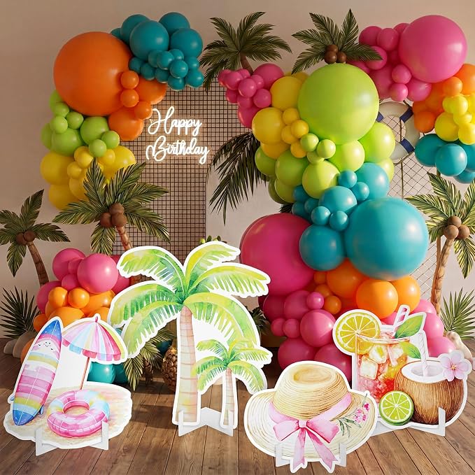 Honoson 4 Pcs Large 32" Summer Beach Party Decoration Cardboard Cutouts, Pool Coconut Tree Yard Signs Photo Booth Prop for Birthday Tropical Swimming Hawaiian Luau Bar Party Supplies