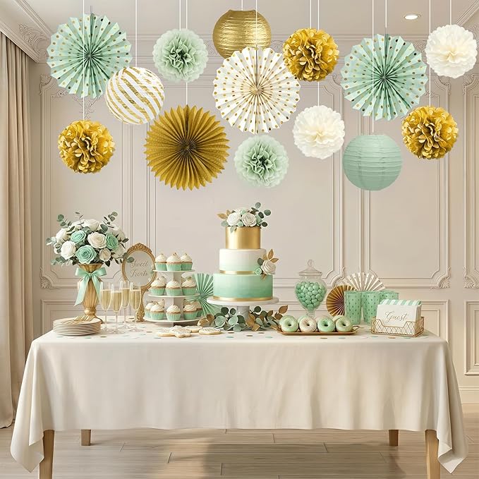 ADLKGG Sage Green Party Decorations, 14 Pcs Green and Gold Hanging Paper Fans, Lanterns, Pom Poms - Elegant Backdrop for Baby Shower, Bridal Shower, Birthday, Wedding, Engagement Party