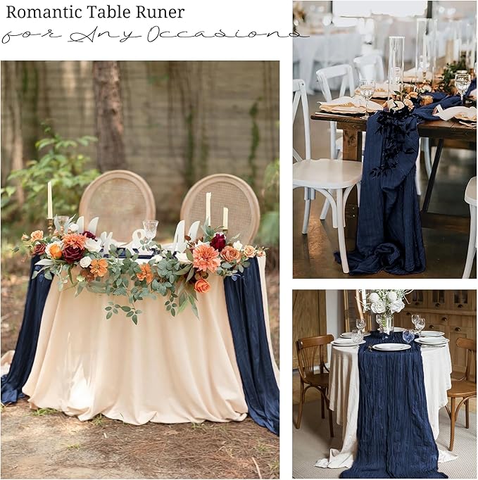 10 Pack Navy Blue Cheesecloth Table Runner 17x108 Inch Semi Sheer Boho Gauze Cheese Cloth Table Runners, for Wedding Bridal Shower Birthday Party Home Decor Garden Farmhouse