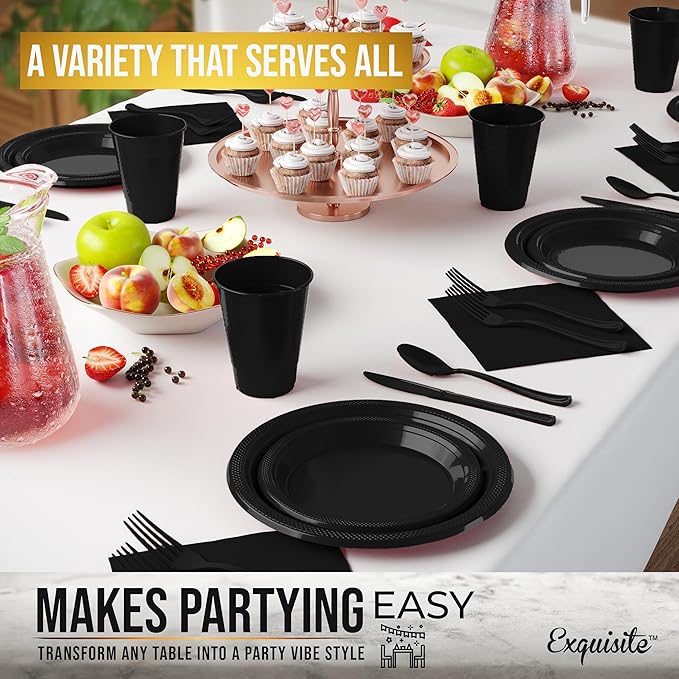 350 Pcs Black Plastic Plates For Party, Black Disposable Plates Set, 50 Of Each 9" Dinner Plate Set, 7" Dessert Plate, Cups, Napkins & Cutlery Plastic Dinnerware Set Exquisite