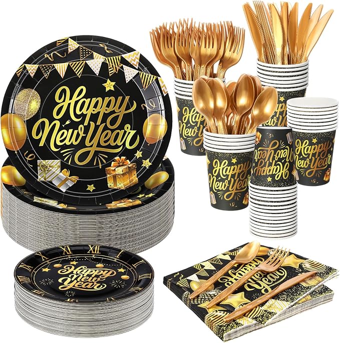 Zhehao 350 Pcs Happy New Year Party Supplies Tableware 2026 New Years Eve Dinnerware Set for 50 Guests Disposable Black Gold Paper Plates, Napkin, Cup, Knife, Fork and Spoon for Celebration (Balloon)