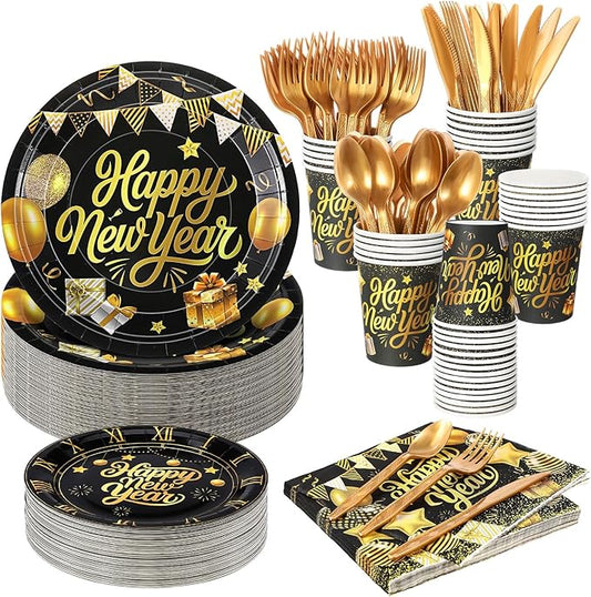 Zhehao 350 Pcs Happy New Year Party Supplies Tableware 2026 New Years Eve Dinnerware Set for 50 Guests Disposable Black Gold Paper Plates, Napkin, Cup, Knife, Fork and Spoon for Celebration (Balloon)