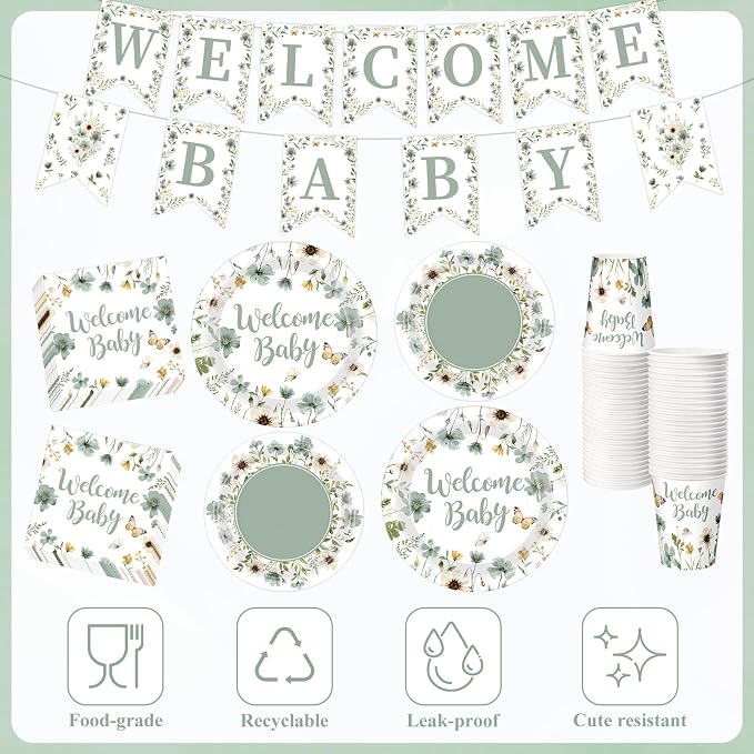 LemonRoad 128 Pcs Sage Green Floral Baby Shower Party Decorations for 25 Guests, Wildflower Welcome Baby Shower Paper Plates Napkins Cups Tablecloth Forks Banner for Spring Gender Reveal Party Supply