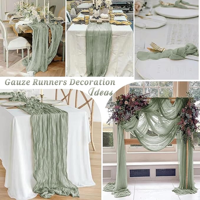 24 Pack Cheesecloth Table Runner, 35 x 120 Inch Boho Gauze Sage Green Table Runner 10ft Rustic Sheer Cheese Cloth Table Decor for Wedding Baby Bridal Shower Birthday Party Table Decoration
