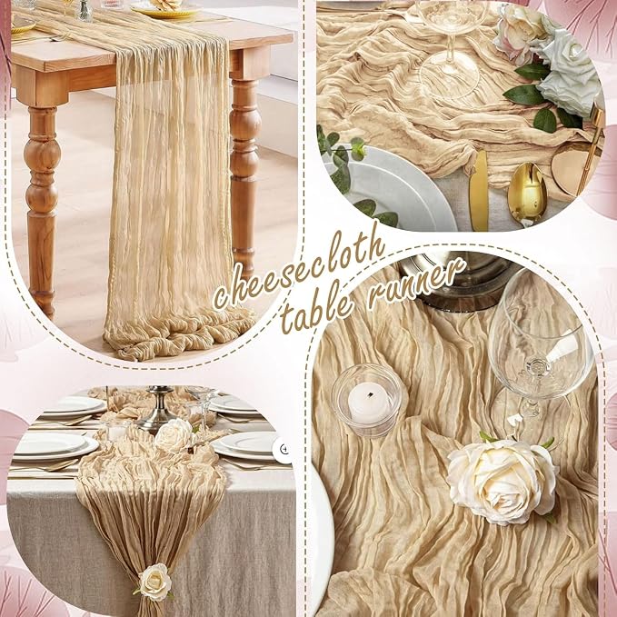 10 Pack Beige Cheesecloth Table Runner 17"x108" Boho Gauze Fabric Table Runner Vintage Rustic Sheer Runners for Wedding Party Bridal Baby Shower Table Decorations
