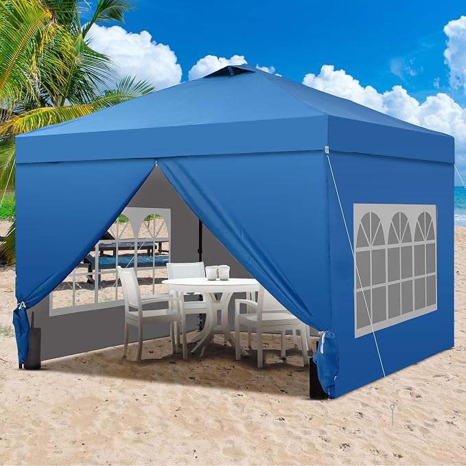 GDY 10x10 Pop Up Canopy Tent with 4 Sidewalls, Easy Set up with One Push Lift Outdoor Silver Coated Beach Gazebos, Carpas with 4 Sandbags, for Events, Parties, and Camping, Blue.