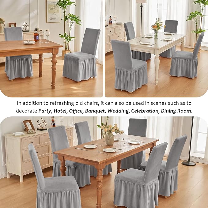 NICEEC Spandex Chair Covers for Dining Chairs Covers Set of 6 Removable Dining Room Chair Covers with Skirt Parson Chair Slipcovers Washable Chair Protector for Kitchen Wedding Party(Light Grey)