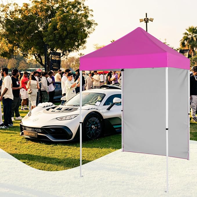 5x5 Pop Up Canopy Tent with One Sidewall, Instant Portable Beach Canopy, Outdoor Tent with Carry Bag for Camping, Sports, Tailgating, Events, Pink