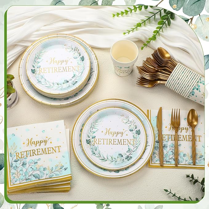 Yungyan 252 Pcs Sage Green Retirement Party Tableware Set Happy Retirement Plates Napkins Cups Forks Knives Spoons for Retired Party Decoration Favors 36 guests
