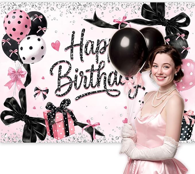 Black Pink Happy Birthday Backdrop 7Wx5H Feet Polyester Fabric Girly Bow Balloons Diamond Cake Elegant Decoration Sparkle Dot Pattern Luxury Photography Background Photo Shoot Props